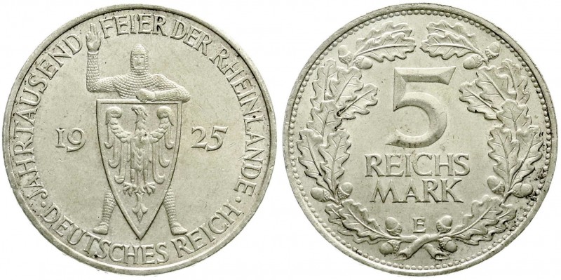 Weimarer Republik, Gedenkmünzen, 5 Reichsmark Rheinlande
1925 E. fast Stempelgla...