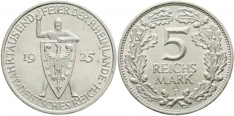 Weimarer Republik, Gedenkmünzen, 5 Reichsmark Rheinlande
1925 F. vorzüglich/Stem...