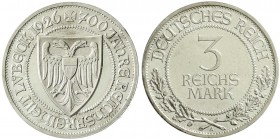 Weimarer Republik, Gedenkmünzen, 3 Reichsmark Lübeck
1926 A. Polierte Platte, kl. Kratzer