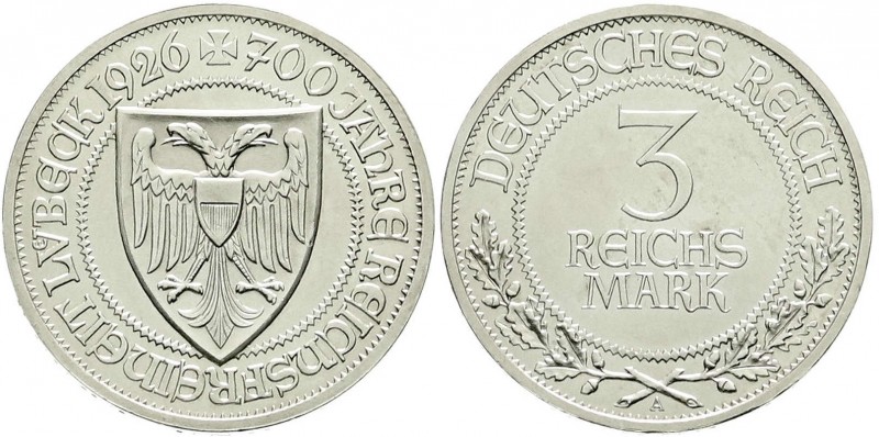 Weimarer Republik, Gedenkmünzen, 3 Reichsmark Lübeck
1926 A. vorzüglich/Stempelg...