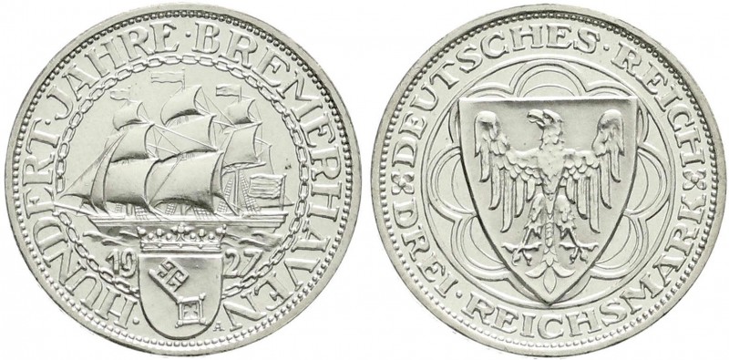Weimarer Republik, Gedenkmünzen, 3 Reichsmark Bremerhaven
1927 A. Polierte Platt...