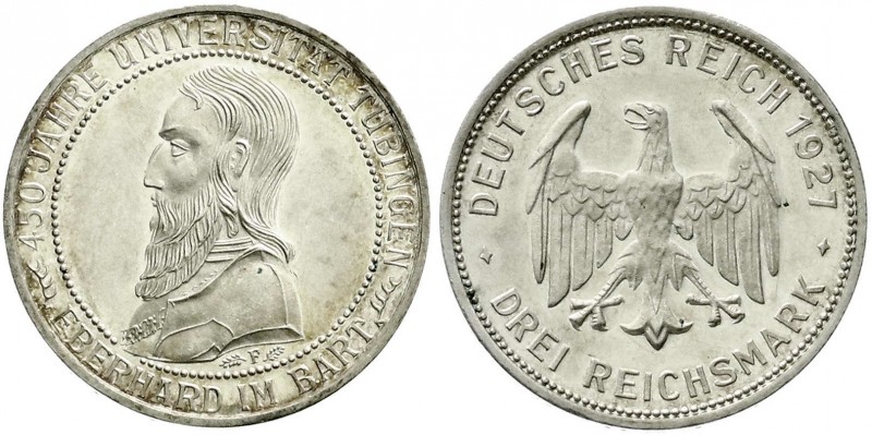 Weimarer Republik, Gedenkmünzen, 3 Reichsmark Tübingen
1927 F. Polierte Platte, ...