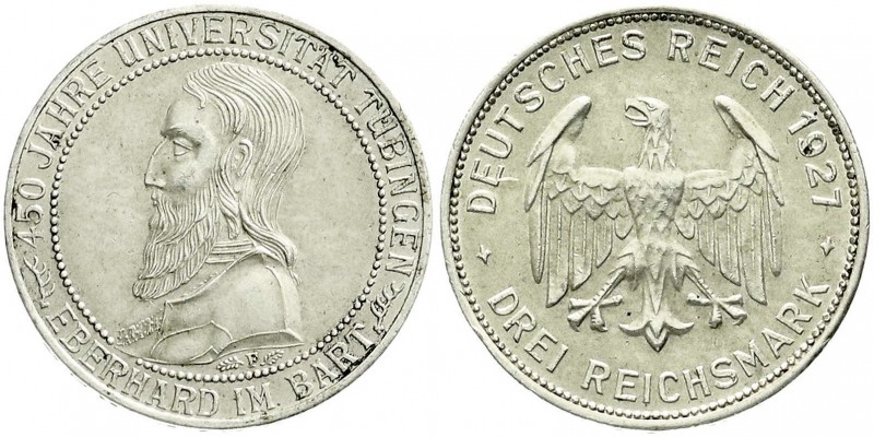 Weimarer Republik, Gedenkmünzen, 3 Reichsmark Tübingen
1927 F. vorzüglich, Randf...