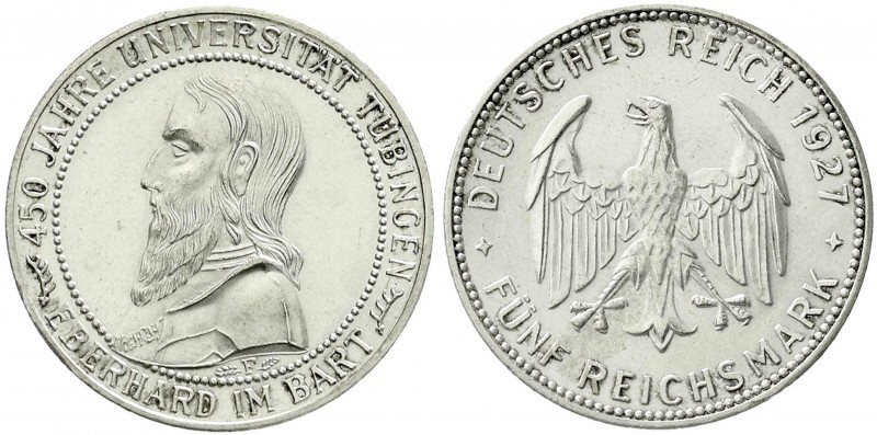 Weimarer Republik, Gedenkmünzen, 5 Reichsmark Tübingen
1927 F. vorzüglich/Stempe...