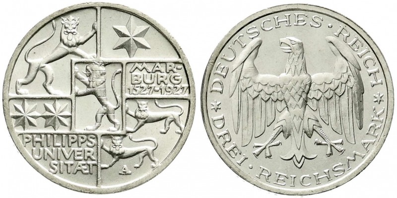 Weimarer Republik, Gedenkmünzen, 3 Reichsmark Marburg
1927 A. fast Stempelglanz,...