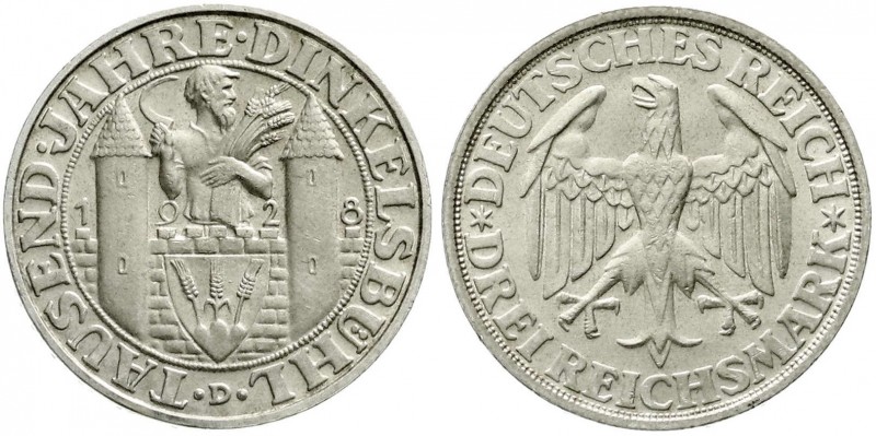 Weimarer Republik, Gedenkmünzen, 3 Reichsmark Dinkelsbühl
1928 D. Stempelglanz