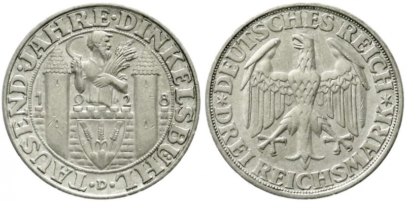 Weimarer Republik, Gedenkmünzen, 3 Reichsmark Dinkelsbühl
1928 D vorzüglich, kl....