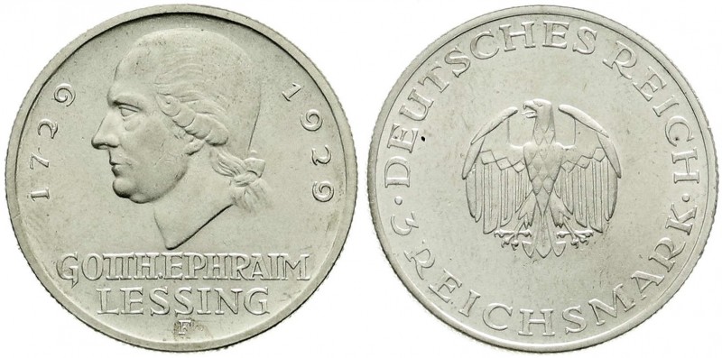 Weimarer Republik, Gedenkmünzen, 3 Reichsmark Lessing
1929 F. vorzüglich/Stempel...