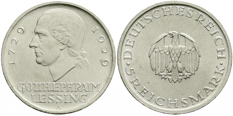 Weimarer Republik, Gedenkmünzen, 5 Reichsmark Lessing
1929 A. prägefrisch/fast S...