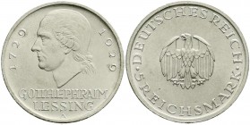 Weimarer Republik, Gedenkmünzen, 5 Reichsmark Lessing
1929 A. prägefrisch/fast Stempelglanz, selten in dieser Erhaltung