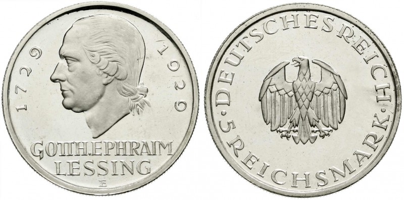 Weimarer Republik, Gedenkmünzen, 5 Reichsmark Lessing
1929 E. Polierte Platte, n...