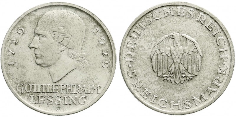 Weimarer Republik, Gedenkmünzen, 5 Reichsmark Lessing
1929 J. vorzüglich