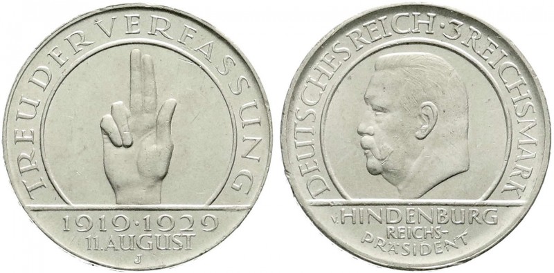 Weimarer Republik, Gedenkmünzen, 3 Reichsmark Schwurhand
1929 J. prägefrisch, kl...