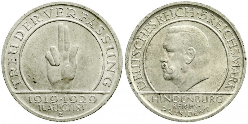 Weimarer Republik, Gedenkmünzen, 5 Reichsmark Schwurhand
1929 E. vorzüglich/Stem...