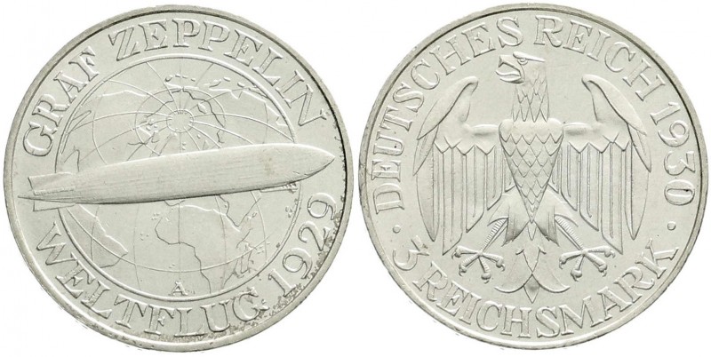 Weimarer Republik, Gedenkmünzen, 3 Reichsmark Zeppelin
1930 A. fast Stempelglanz...