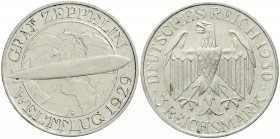 Weimarer Republik, Gedenkmünzen, 3 Reichsmark Zeppelin
1930 G. sehr schön/vorzüglich, gereinigt