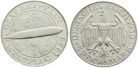 Weimarer Republik, Gedenkmünzen, 5 Reichsmark Zeppelin
1930 D. vorzüglich/Stempelglanz, kl. Kratzer