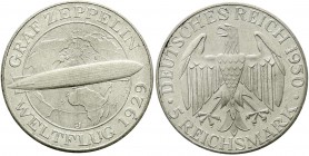 Weimarer Republik, Gedenkmünzen, 5 Reichsmark Zeppelin
1930 J. prägefrisch/fast Stempelglanz, selten in dieser Erhaltung