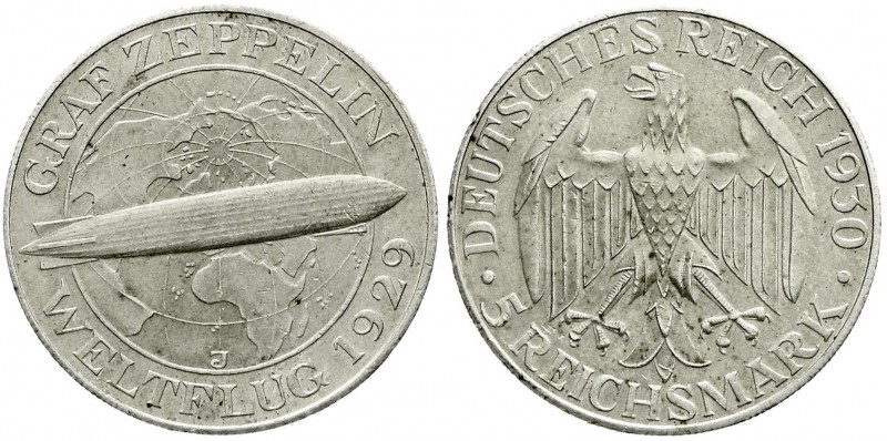 Weimarer Republik, Gedenkmünzen, 5 Reichsmark Zeppelin
1930 J. vorzüglich, kl. K...
