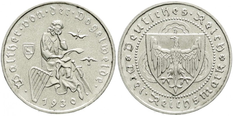 Weimarer Republik, Gedenkmünzen, 3 Reichsmark Vogelweide
1930 D. vorzüglich/Stem...