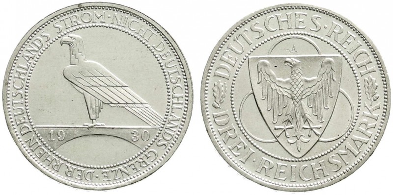 Weimarer Republik, Gedenkmünzen, 3 Reichsmark Rheinstrom
1930 A. prägefrisch/fas...