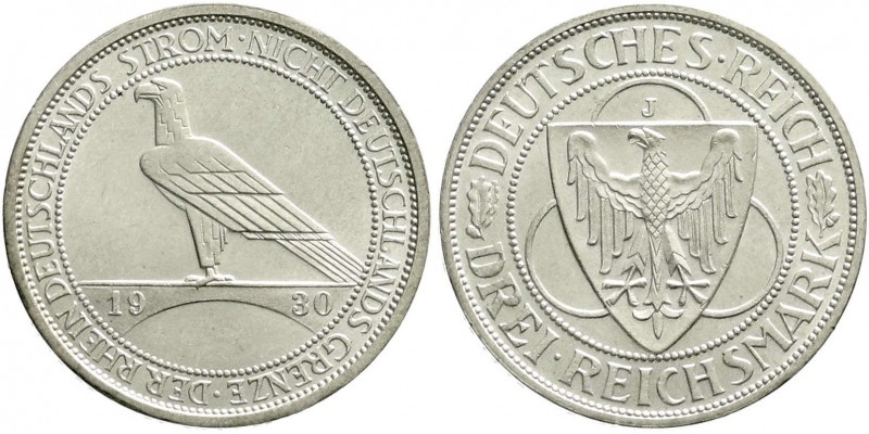 Weimarer Republik, Gedenkmünzen, 3 Reichsmark Rheinstrom
1930 J. vorzüglich/Stem...