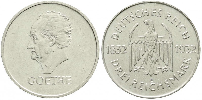 Weimarer Republik, Gedenkmünzen, 3 Reichsmark Goethe
1932 E. fast vorzüglich