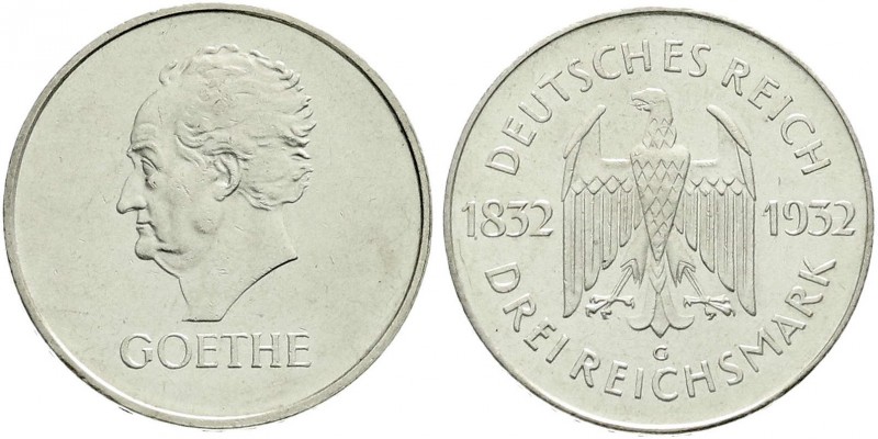 Weimarer Republik, Gedenkmünzen, 3 Reichsmark Goethe
1932 G. fast vorzüglich