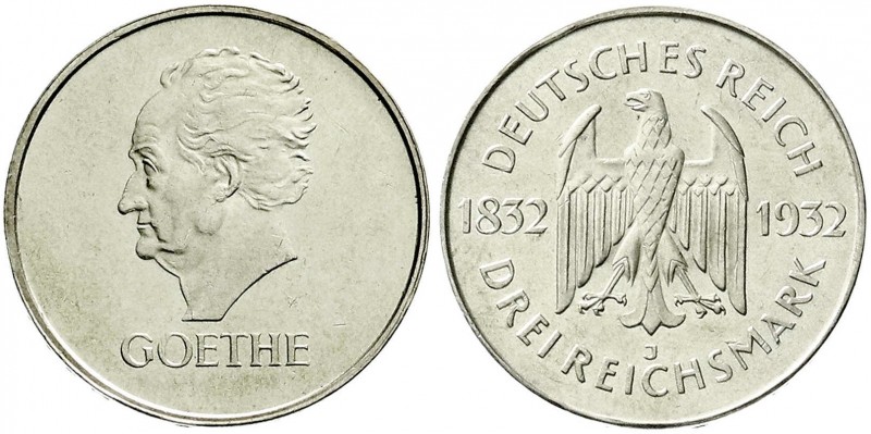 Weimarer Republik, Gedenkmünzen, 3 Reichsmark Goethe
1932 J. prägefrisch, Kratze...