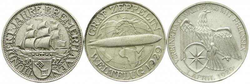 Weimarer Republik, Lots
3 Gedenkmünzen: 3 RM Zeppelin 1930 D, Bremerhaven 1927 A...