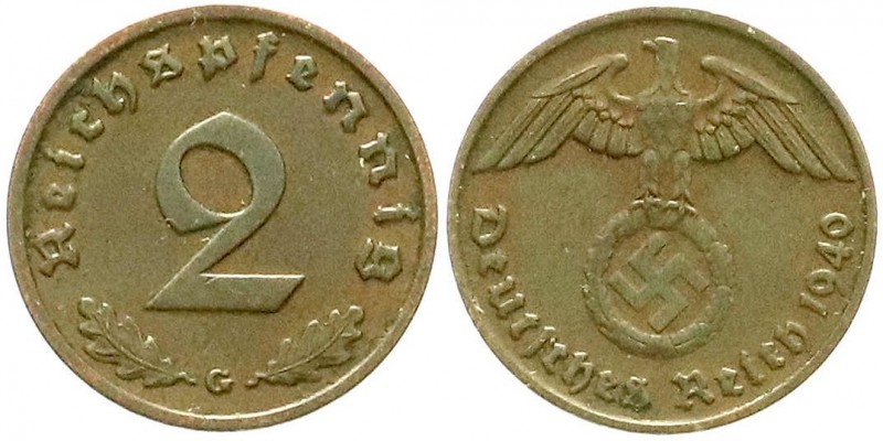 Drittes Reich, Klein/- und Kursmünzen, 2 Reichspfennig Hakenkreuz 1936-1940
1940...