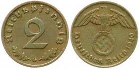 Drittes Reich, Klein/- und Kursmünzen, 2 Reichspfennig Hakenkreuz 1936-1940
1940 G. sehr schön