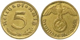 Drittes Reich, Klein/- und Kursmünzen, 5 Reichspfennig, messingf. 1936-1939
1936 G. sehr schön/vorzüglich