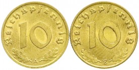 Drittes Reich, Klein/- und Kursmünzen, 10 Reichspfennig Hakenkr., messingf. 1936-1939
2 Stück: 1936 A und E. beide gutes vorzüglich