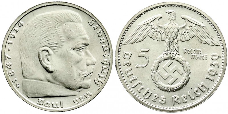 Drittes Reich, Klein/- und Kursmünzen, 5 Reichsmark Hindenb. Hakenkr. Silber, 19...