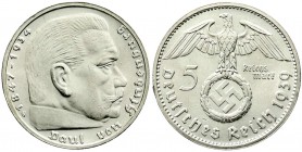 Drittes Reich, Klein/- und Kursmünzen, 5 Reichsmark Hindenb. Hakenkr. Silber, 1936-1939
1939 G. fast Stempelglanz, Prachtexemplar