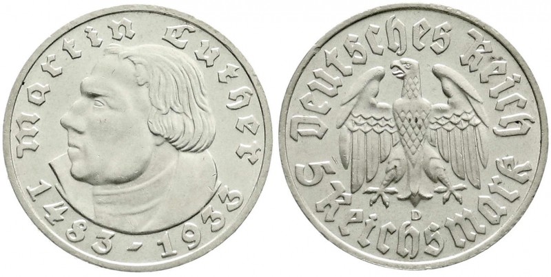 Drittes Reich, Gedenkmünzen, 5 Reichsmark Luther, 1933-1934
1933 D. fast Stempel...