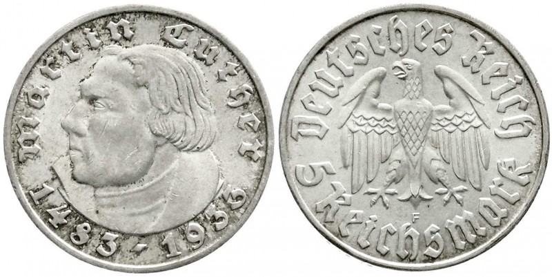 Drittes Reich, Gedenkmünzen, 5 Reichsmark Luther, 1933-1934
1933 F. fast Stempel...