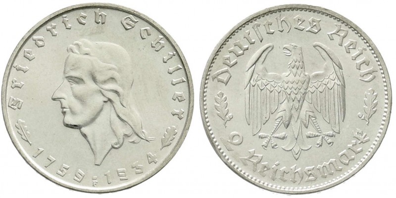 Drittes Reich, Gedenkmünzen, 2 Reichsmark Schiller 1934
1934 F. fast Stempelglan...