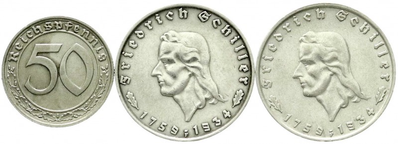 Drittes Reich, Gedenkmünzen, 2 Reichsmark Schiller 1934
3 Stück: 2 X 1934 F. Daz...