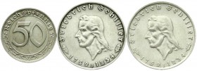 Drittes Reich, Gedenkmünzen, 2 Reichsmark Schiller 1934
3 Stück: 2 X 1934 F. Dazu 50 Rpf. 1939 D. alle sehr schön/vorzüglich