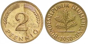 Münzen der Bundesrepublik Deutschland, Kursmünzen, 2 Pfennig, Kupfer 1950-1969
1950 J. Auflage nur 250 Ex. Polierte Platte, selten