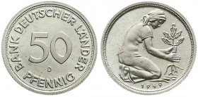 Münzen der Bundesrepublik Deutschland, Kursmünzen, 50 Pfennig, Kupfer/Nickel 1949-2001
1949 D. Auflage nach Winter nur 200 E. Polierte Platte, Prachte...