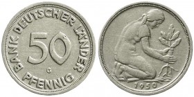 Münzen der Bundesrepublik Deutschland, Kursmünzen, 50 Pfennig, Kupfer/Nickel 1949-2001
1950 G. Bank Deutscher Länder. sehr schön
