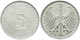 Münzen der Bundesrepublik Deutschland, Kursmünzen, 5 Deutsche Mark Silber 1951-1974
1958 D prägefrisch, winz. Kratzer
