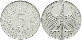 Münzen der Bundesrepublik Deutschland, Kursmünzen, 5 Deutsche Mark Silber 1951-1974
1958 F prägefrisch, kl. Kratzer