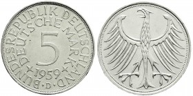 Münzen der Bundesrepublik Deutschland, Kursmünzen, 5 Deutsche Mark Silber 1951-1974
1959 D prägefrisch, winz. Kratzer