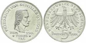 Münzen der Bundesrepublik Deutschland, Gedenkmünzen, 5 Deutsche Mark, Silber, 1952-1979
Schiller 1955 F. vorzüglich/Stempelglanz aus Erstabschlag, win...
