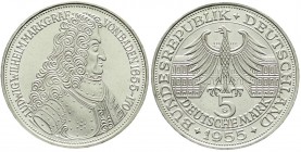 Münzen der Bundesrepublik Deutschland, Gedenkmünzen, 5 Deutsche Mark, Silber, 1952-1979
Markgraf von Baden 1955 G. prägefrisch/fast Stempelglanz