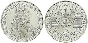 Münzen der Bundesrepublik Deutschland, Gedenkmünzen, 5 Deutsche Mark, Silber, 1952-1979
Markgraf von Baden 1955 G. vorzüglich, kl. Kratzer